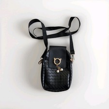 Black Faux Leather Woven Backpack Cat Bag Charm Pearl Accents Gold Zip 20cm