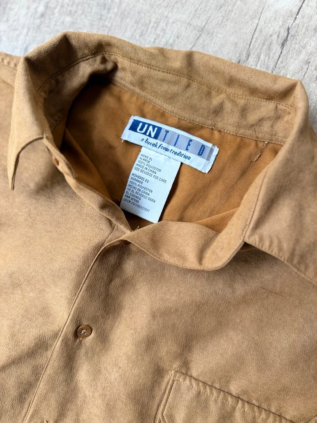 Vintage United "A Break From Tradition" Camel Faux Suede Button-Up Shirt / Over - product detail image 2