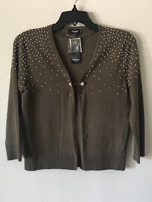 Nwt Premise Olive Pearl Embelished Open Sweater Cardigan +Free