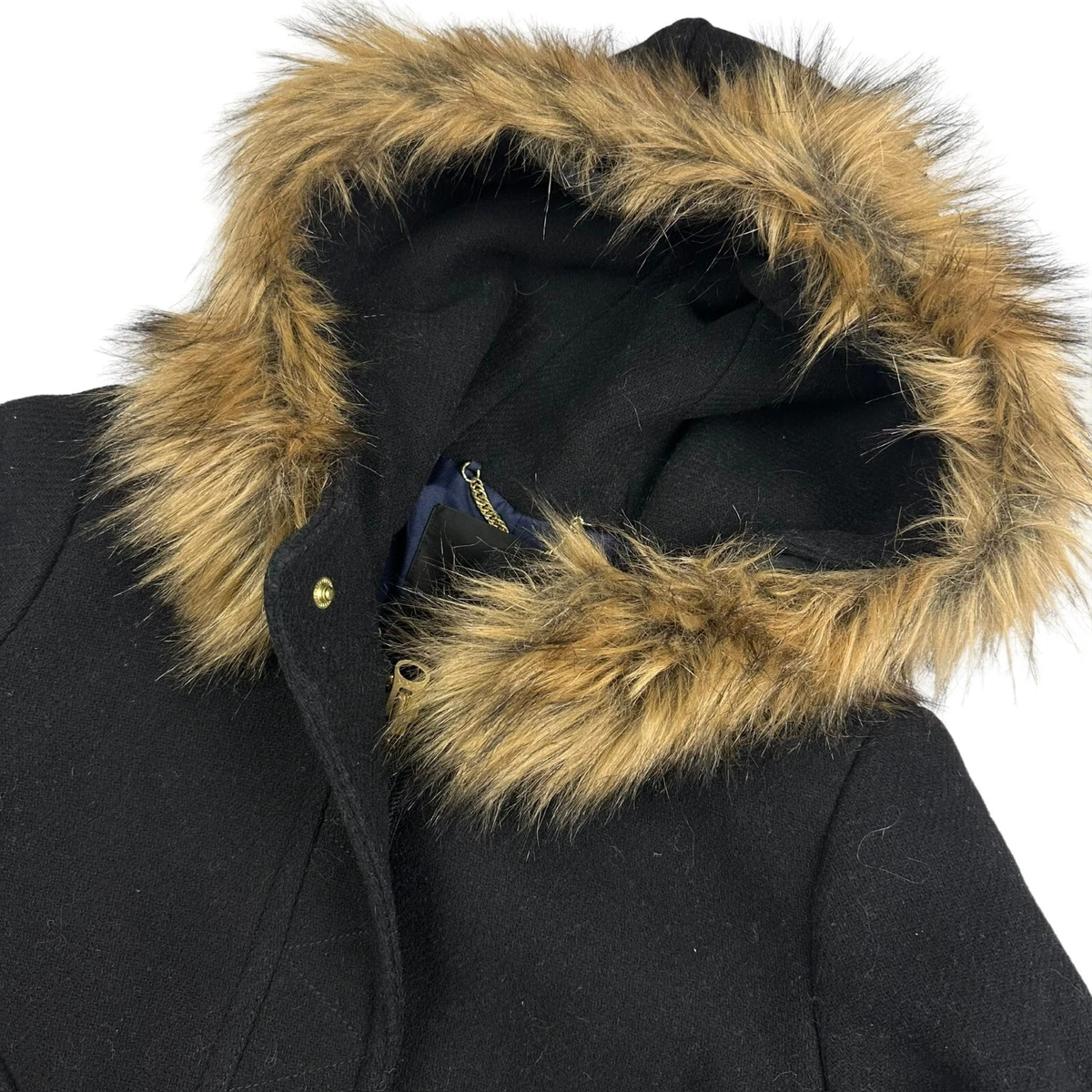 J. Crew Women's Nello Gori Stadium Cloth Fur Hood Long Jacket Black • Size 2