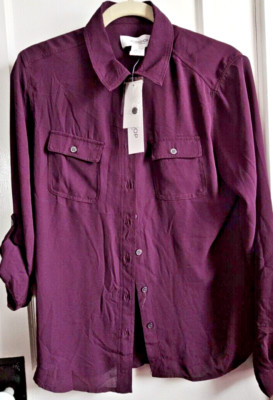 NWT WORKSHOP burgundy red button up women shirt roll tab Large