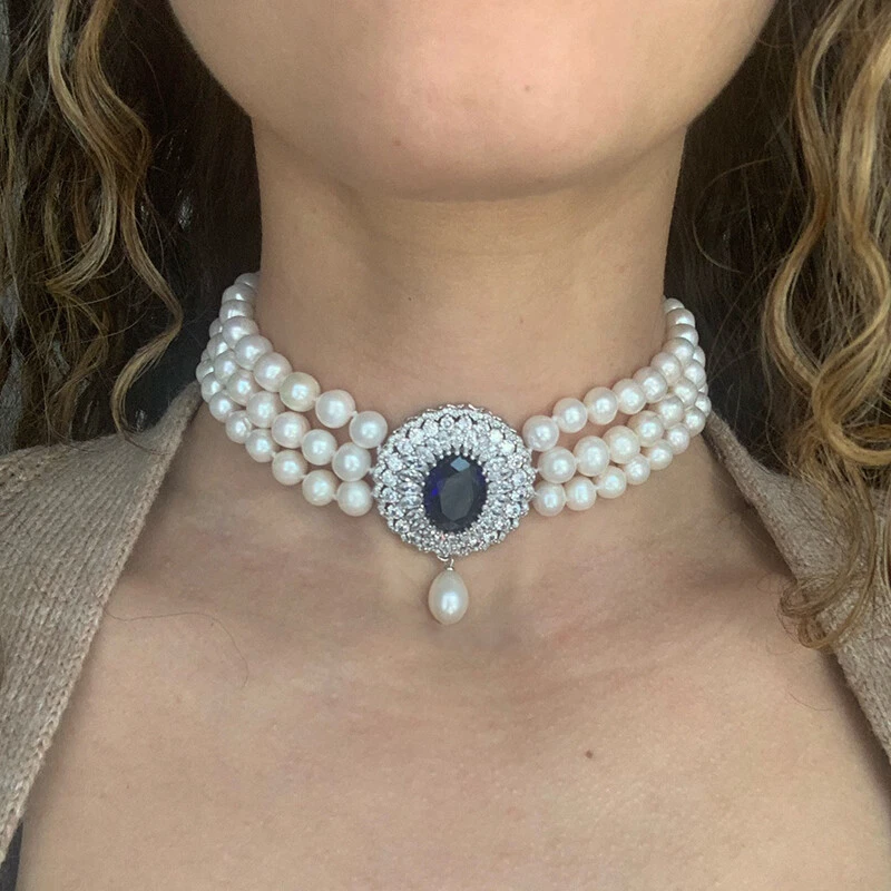 3 Strands 8-9mm Natual white Pearl Bead Blue Gem Choker Necklace