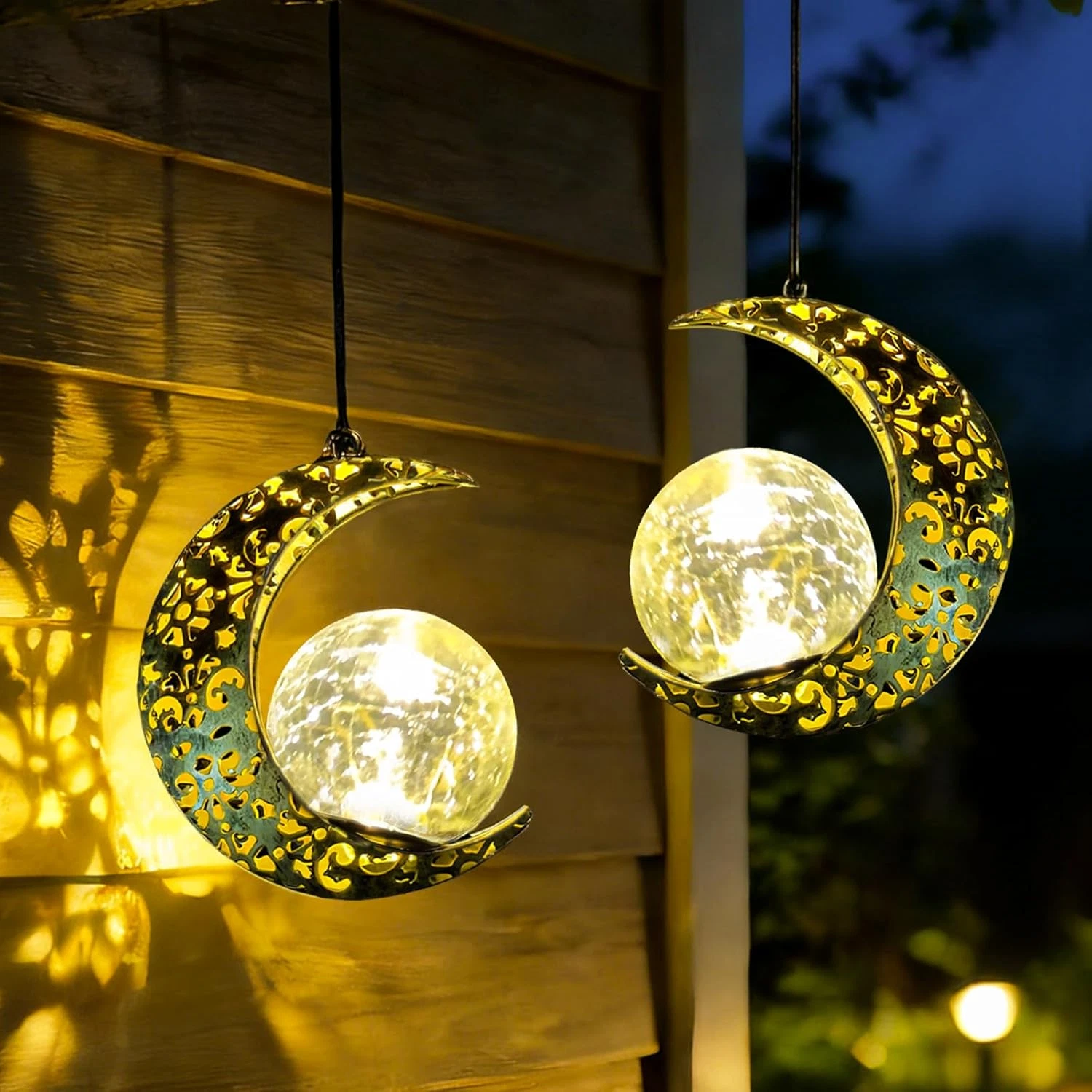 Hanging Solar Lights Outdoor Lanterns Garden Decorations, 2 Pack Moon Lights wit