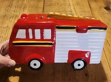 FIRE TRUCK Bank Fire Engine Ladder Company Large Piggy Bank Shiny 10" X 5" EUC 