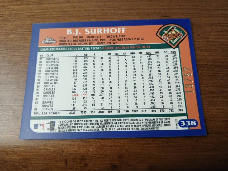 2003 TOPPS CHROME BASEBALL X-FRACTOR B.J. Surhoff 13 / 57 - Image 2 of 4