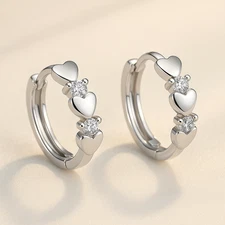 Silver Plated Heart Shape Small Hoop Earrings With Cubic Zirconia Unisex, Women