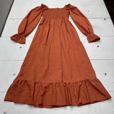 Smocked Maxi Dress Womens M Orange Long Sleeve Square Neck Ruffle Hem Boho