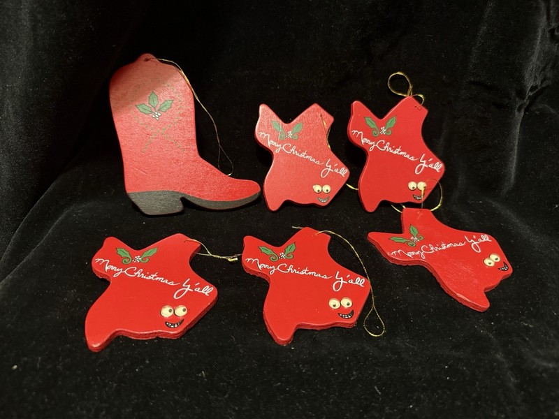 Six Vintage Texas Red Christmas Ornaments Texas State And Cowboy Boot