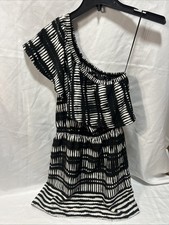 Express One Shoulder Dress XS Black White Abstract Striped Ruffle Party Mini