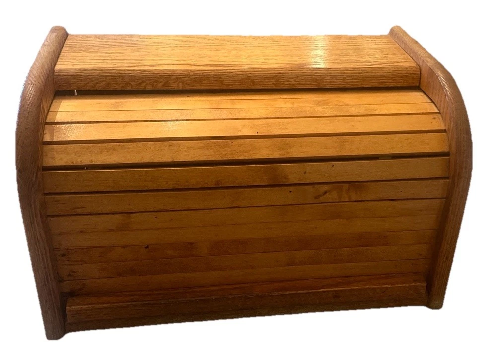 VINTAGE Wooden Roll Top Bread Box Handmade Brown Oak Farmhouse/Country Style/