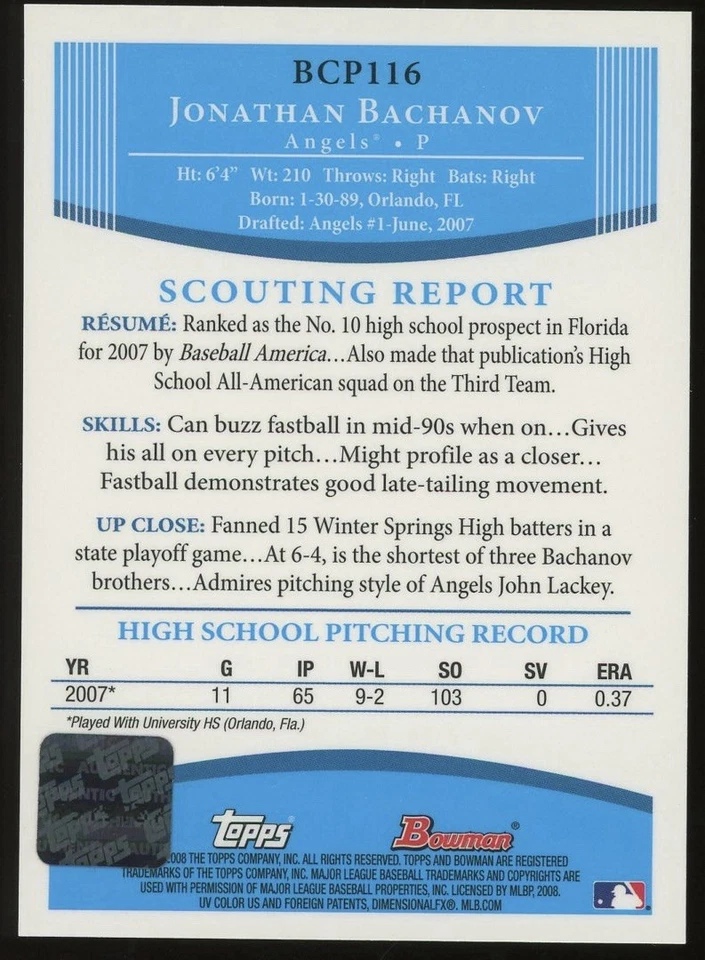 Jonathan Bachanov 2008 Bowman Chrome Auto Autograph  bcp116 - Image 2 of 2