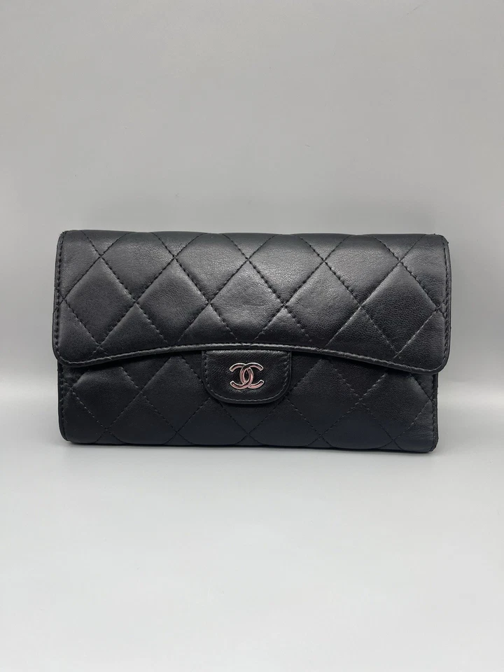 CHANEL Authentic Tri-fold Wallet Lambskin Quilted Leather In Black From USA - Image 2 of 4
