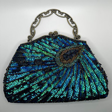 Peacock Beaded Sequin Metal Handle Kiss Lock Evening Purse Blue Green Bronze