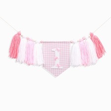 Pink Bow 1st Birhday High Chair Banner for Girls - Pink and White Gingham Tas...