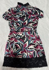 BISOU BISOU Multicolor Geometric Lace Shirt Dress M Collared Short Sleeve Button