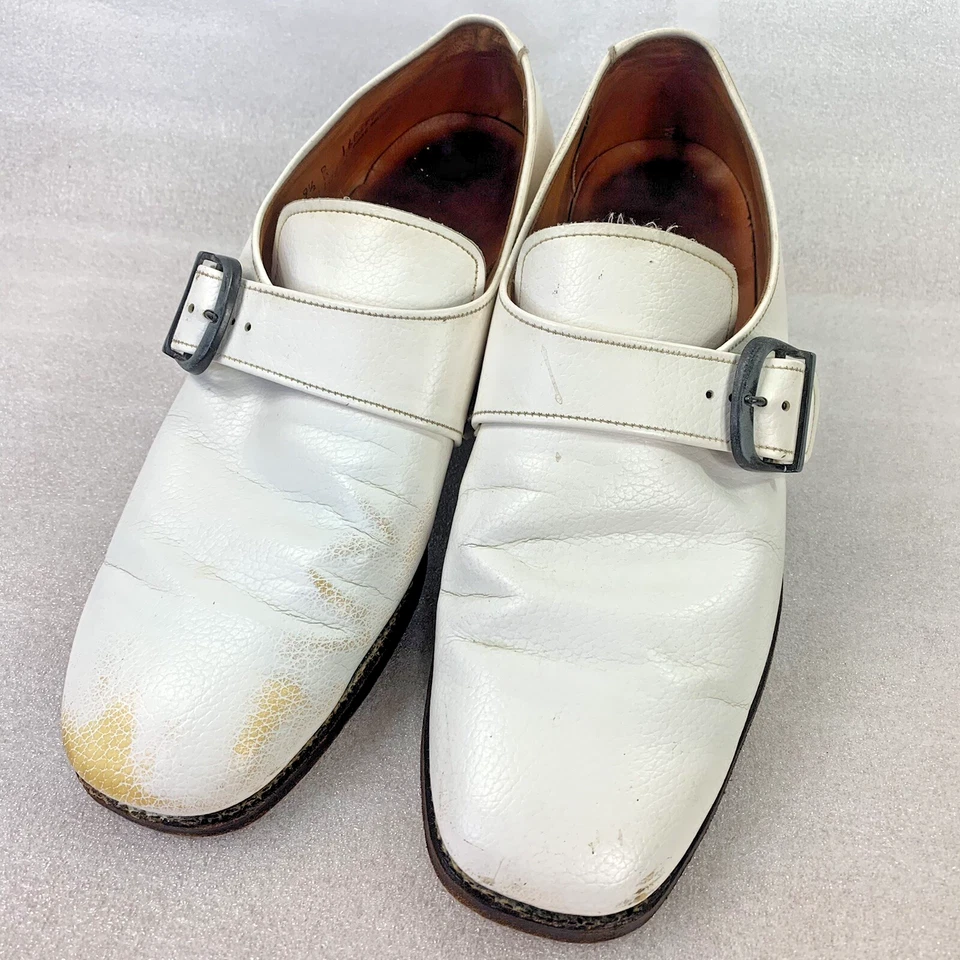DuPont Corfam White Dress Shoes Strap Buckle 9.5 D B Sterling Oak Sole VTG 1970s - Image 4 of 4