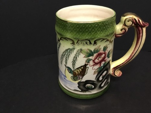 JAPAN HAND-PAINTED PORCELAIN MUG STEIN ETCHED IN GOLD BIRD FLOWERS VINTAGE 4.5” - Picture 2 of 12