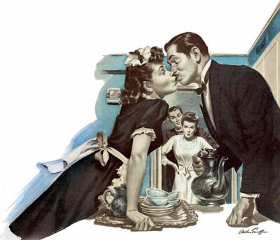 Arthur Sarnoff - Maid Caught Kissing Butler 1950s Signed - 17'' x 22'' Art Print