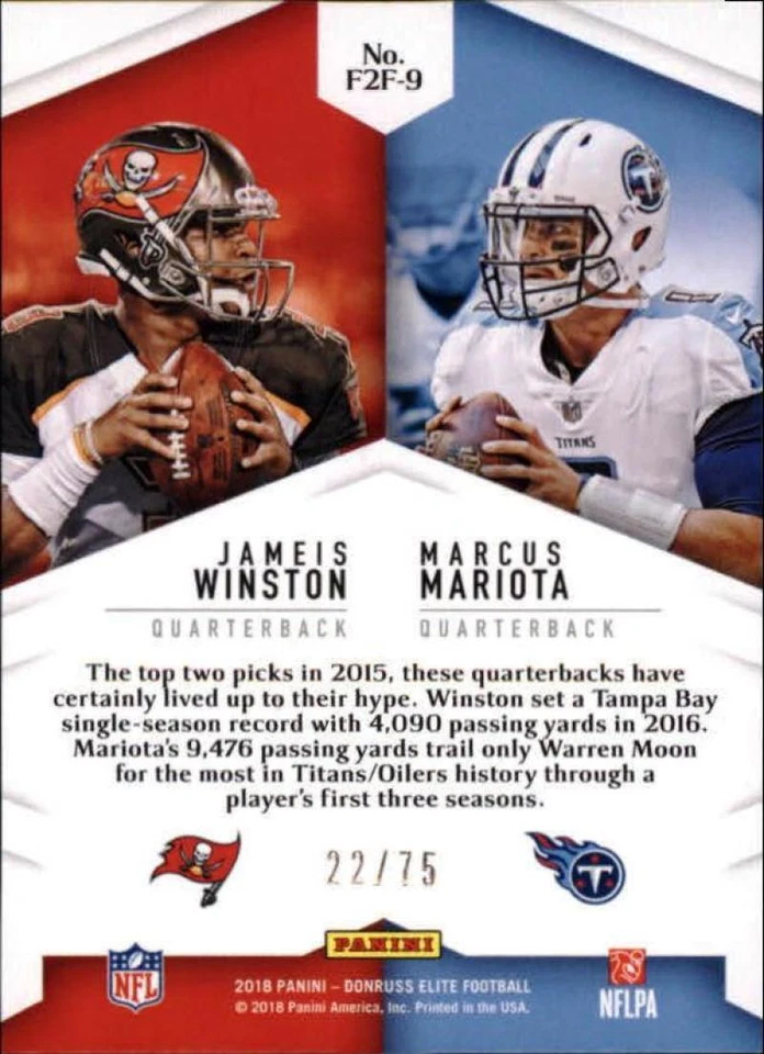 2018 Donruss Elite Face to Face Purple #9 Jameis Winston/Marcus Mariota 22/75 - Image 2 of 2