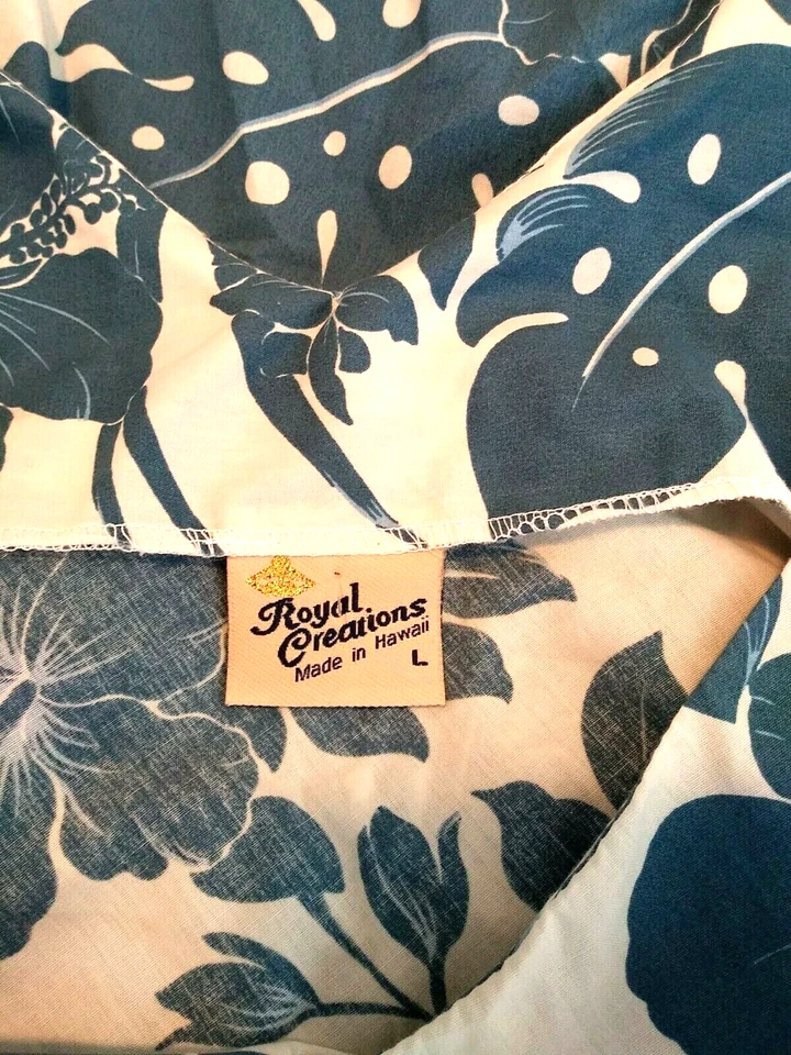 RARE VTG ROYAL CREATIONS BLUE WHITE FLORAL SLEEVELESS V-NECK HAWAIIAN DRESS L - Image 4 of 4