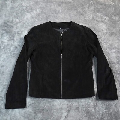 Raffaelo Womens Suede Leather Jacket Size Small Black Silver Zipper Stylish READ