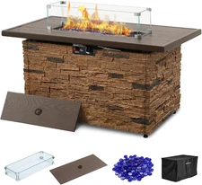 43" Propane Fire Pit Table Stone Outdoor Rectangular Firepit Table 50000 Btu Pro