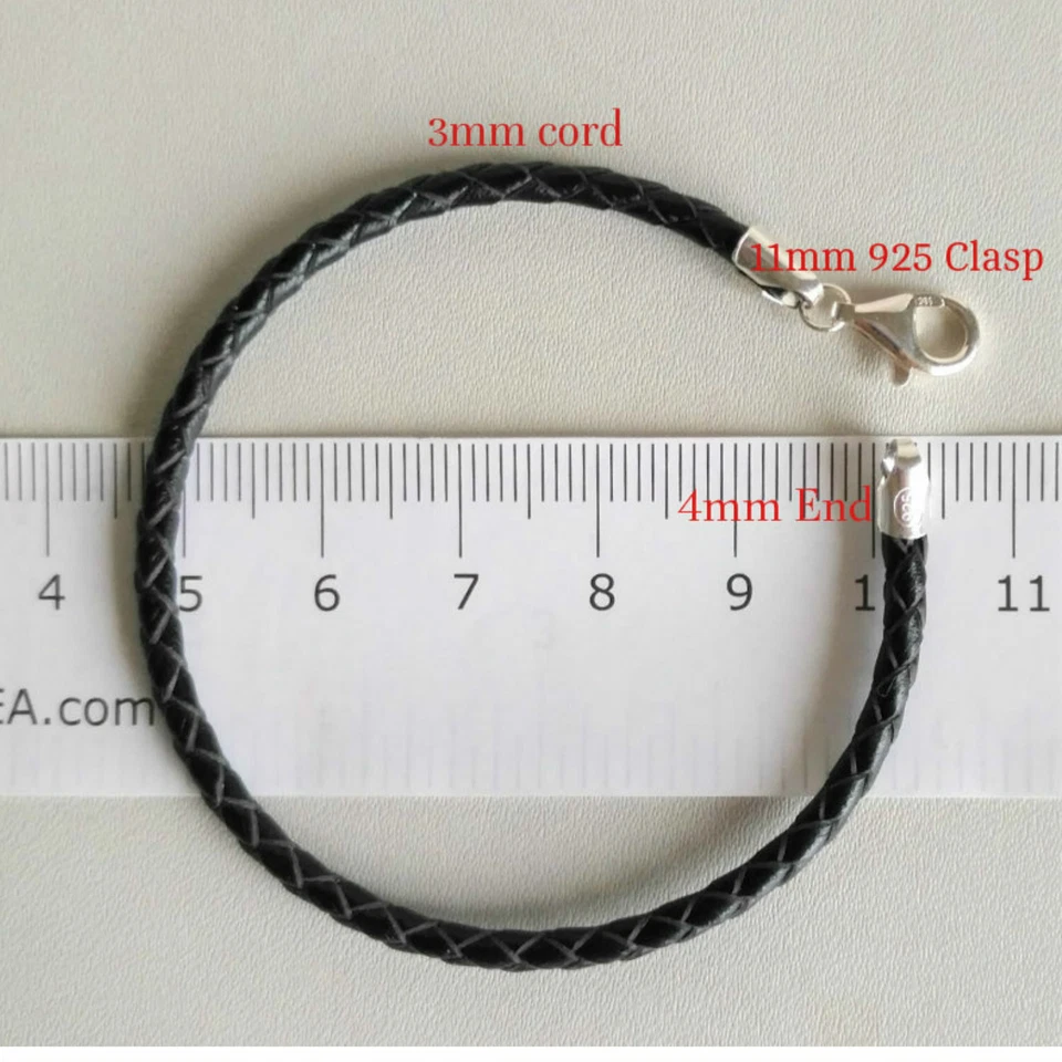 3 毫米编织皮革手链纯银扣 6 英寸 7 英寸 8 英寸 9 英寸男式女式 — 第 4/4 张图片