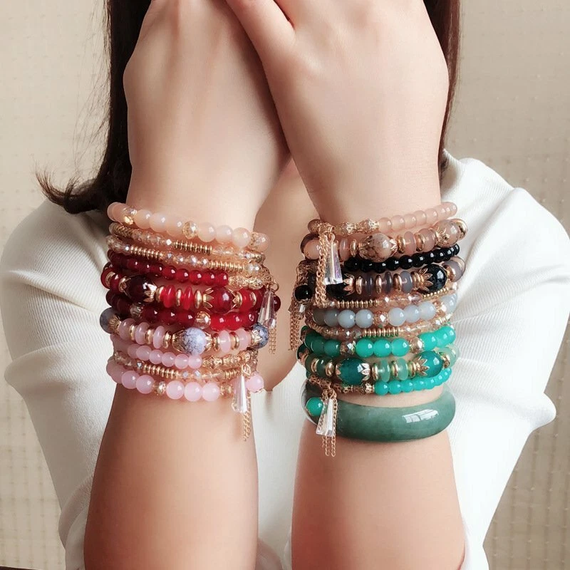 Juego de brazalete con cuentas de cristal de piedra natural multicapa boho de 4 piezas al por mayor Foto 4 de 4