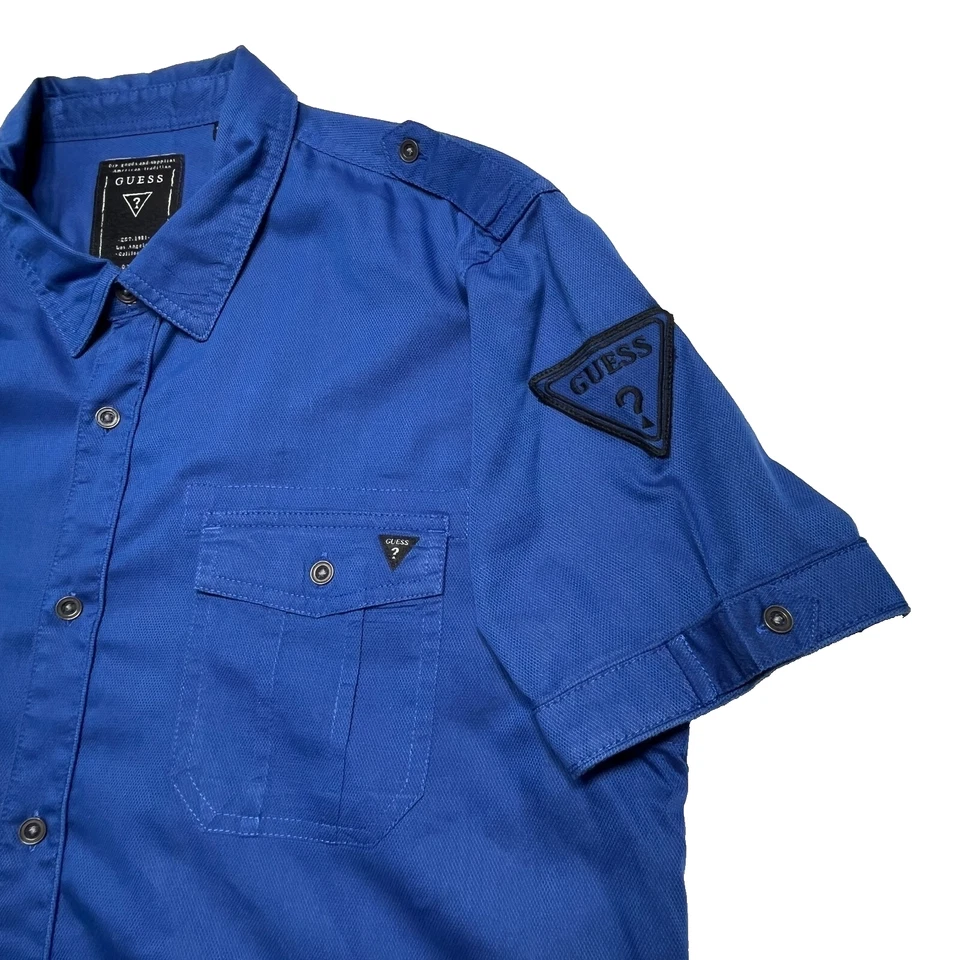 Vintage GUESS Shirt Mens XL Blue Button Up Epaulettes Top Pockets Short Sleeve - Image 2 of 4