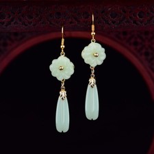 Jade Flower Earrings Drop Jewelry Stone Women Natural Designer 925 Silver