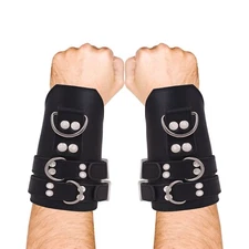 Leather Wrist Restraint Cuffs Pair Adjustable Buckle Straps, Heavy-Duty Metal D