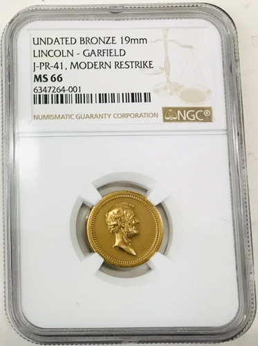 US Mint, Lincoln & Garfield BR modern restrike Medal J-PR-41, 19 mm, NGC MS66