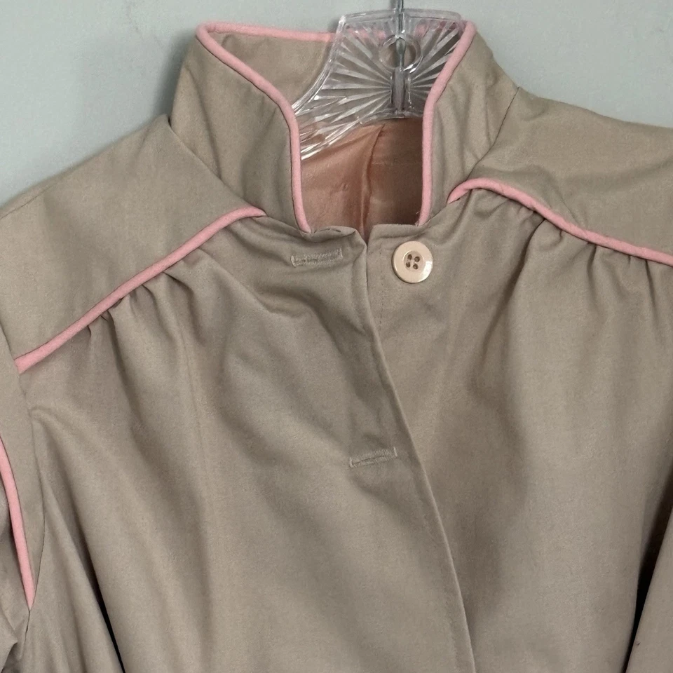 70s Weather Tamer Long Tan Trench Barbie Rain Coat Pink Piping Womens Sz 12 VTG - Image 3 of 4