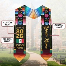 Mexican Graduation Stole Aztec Floral Serape Tassel Flag Custom Sash 2