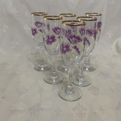 Set 6 schöne Sektflöten Pasabahce Passion Truthahn Goldrand Iris Blumen 
