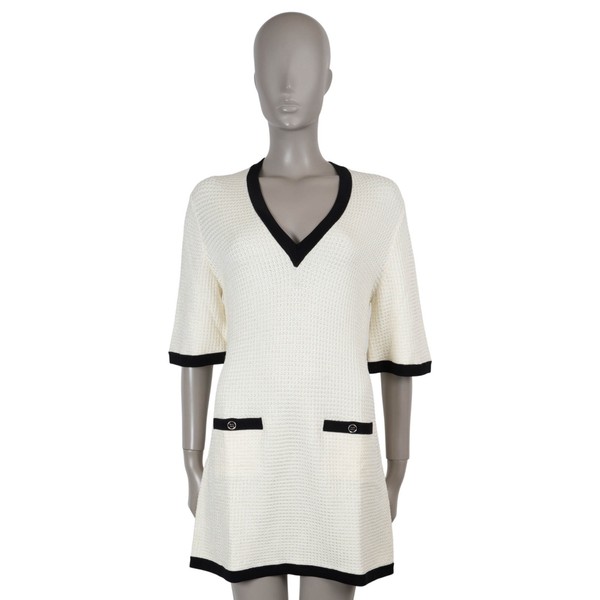 73763 authentisches CHANEL cremefarbenes Viskose 24P TEXTUED KNIT MINI Kleid 40 M
