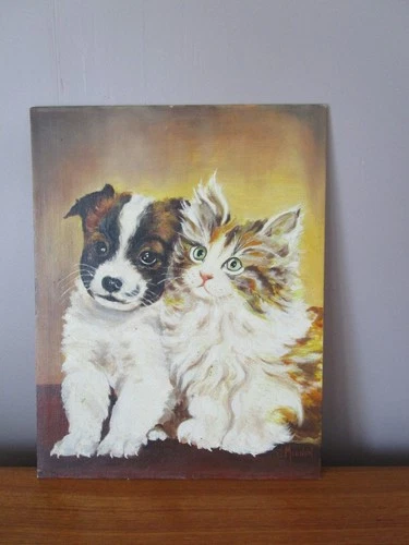 Oil painting on panel dog cat signed J.Mignon