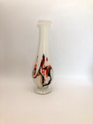 Vintage art glass stem vase opaque white abstract swirl pattern red orange brown