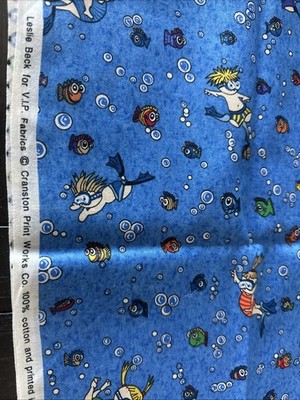 VIP Fabrics Novelty Fish Scuba Diving Blue Ocean 1.5 Yards 44  Leslie Beck