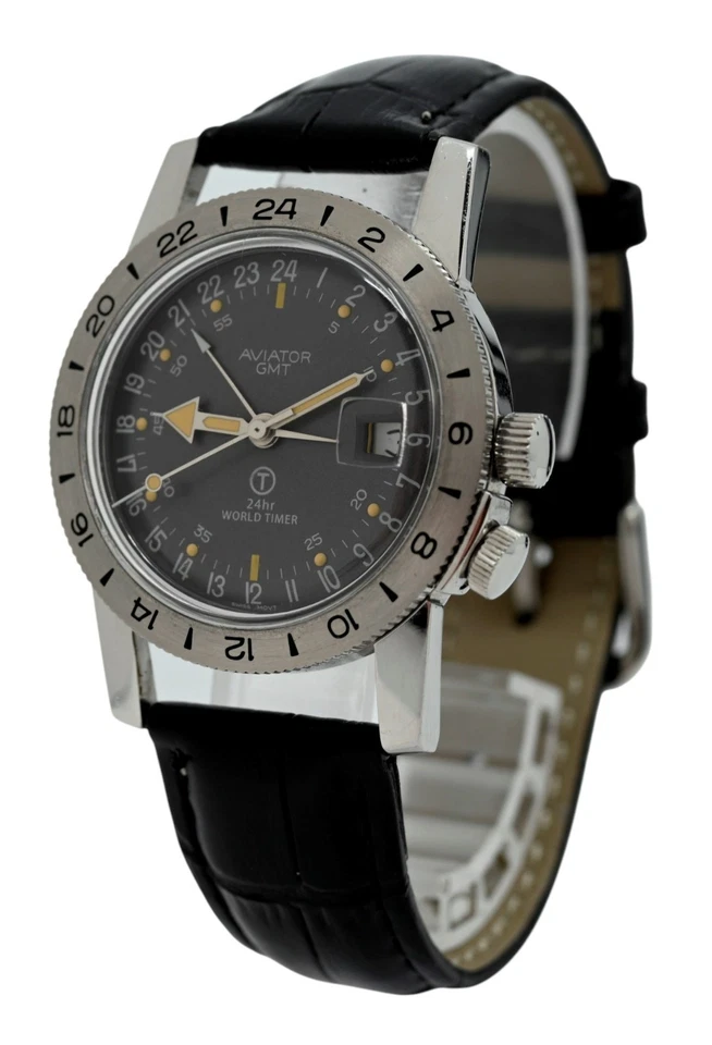 Aviator GMT 36mm Airman Especial Cuarzo Suizo Acero Inoxidable Temporizador Mundial Reloj! Foto 4 de 4