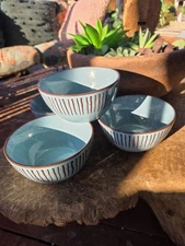 Set of 4 Over and Back Turquoise Blue Back to Origins Stoneware Cereal BOWLS EUC