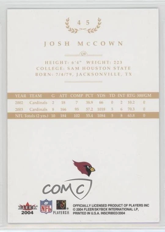 2004 Fleer inScribed Black Border Gold /199 Josh McCown #45 - Image 2 of 2