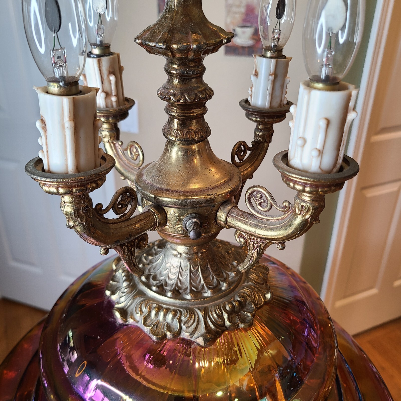 Mid Century Modern Hollywood Regency Iridescent Amber Glass Table Lamps PAIR XL