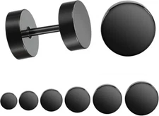 Aretes Para Hombre y Mujer Stud Negros Ronda Acero Inoxidable 6 Pares 5mm-10mm