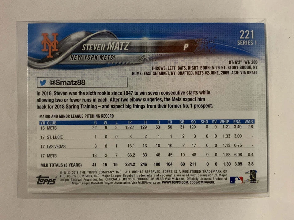 #221 Steven Matz New York Mets 2018 Topps Series One Baseball Card MLB - Image 2 of 2