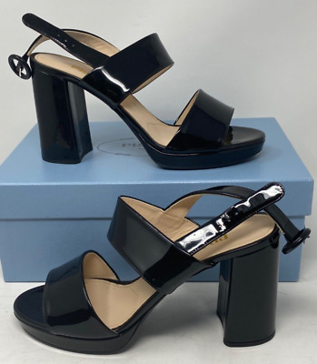 PRADA Slingback Platform Strappy Sandals 95mm Black Patent PRADA Slingback Platform Strappy Sandals 95mm Black Patent