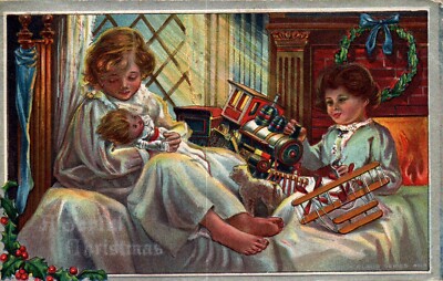 CHRISTMAS POSTCARD Children Playing With Christmas Toys 1910, Silver Border 