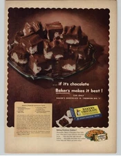 1968 Bakers Chocolate Vintage Print Ad Chocolate Fudge Recipe Photo Food Art