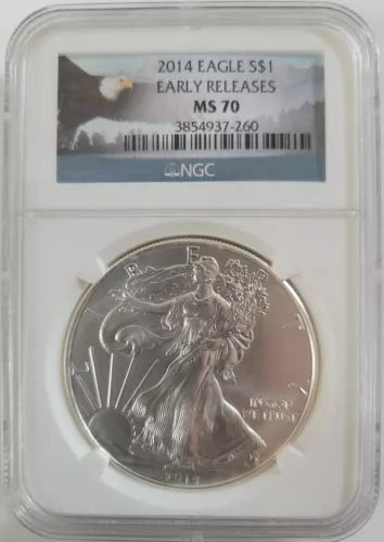 2014 AMERICAN SILVER EAGLE S$1 COIN EARLY RELEASES. NGC MS 70. SPOTS/TONING.