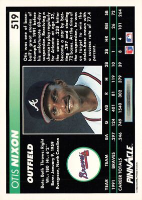 Otis Nixon #519 1992 Pinnacle Atlanta Braves Baseball | eBay